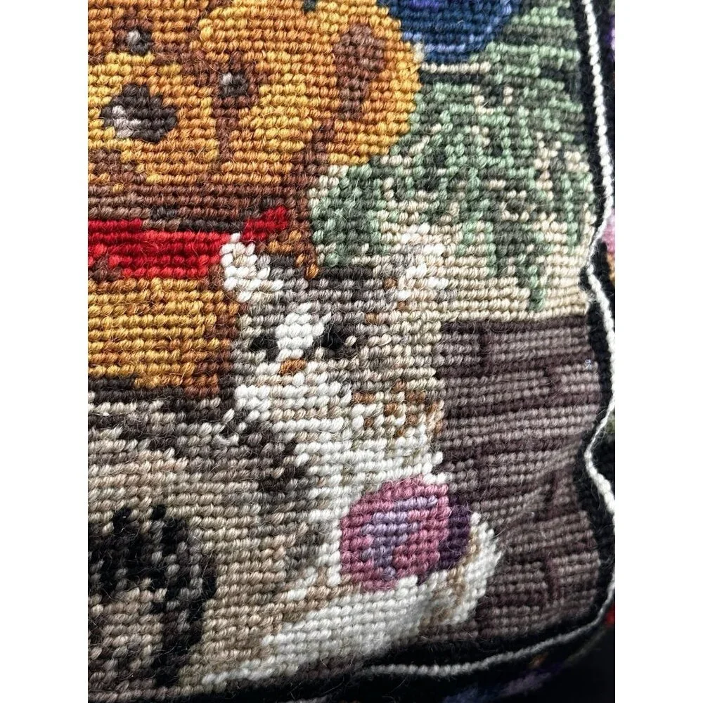 Wool Needlepoint Pillow Christmas Dog Cat Teddy Bears Tree Vintage Complete READ